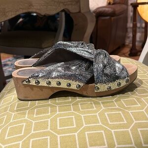 Kelsi Dagger Brooklyn wooden heels with silver material sandals 8.5